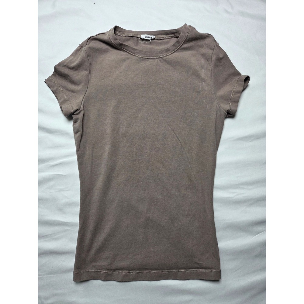 Garage Womens Short Sleeve Crew Neck T-Shirt Taupe Brown Slim Fit Tee
